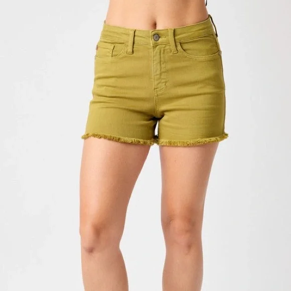 Judy Blue Mid-Rise Garment Dyed Fray Hem Shorts - Picture 1 of 3